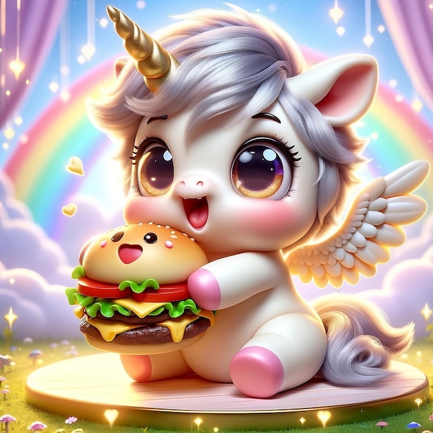 Foto un carino unicorno che mangi un hamburger.