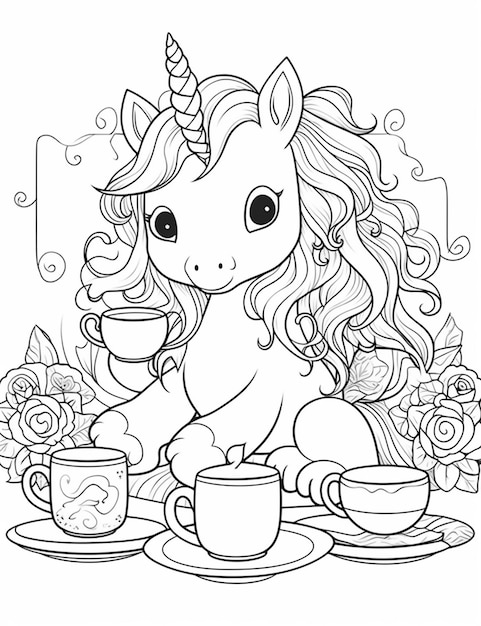 A cute unicorn sitting on a table with a cup of coffee generative ai
