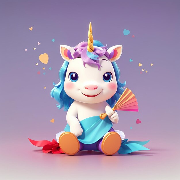 Cute unicorn sitting with fan cartoon vector icon illustration animal technology icon isolated flat