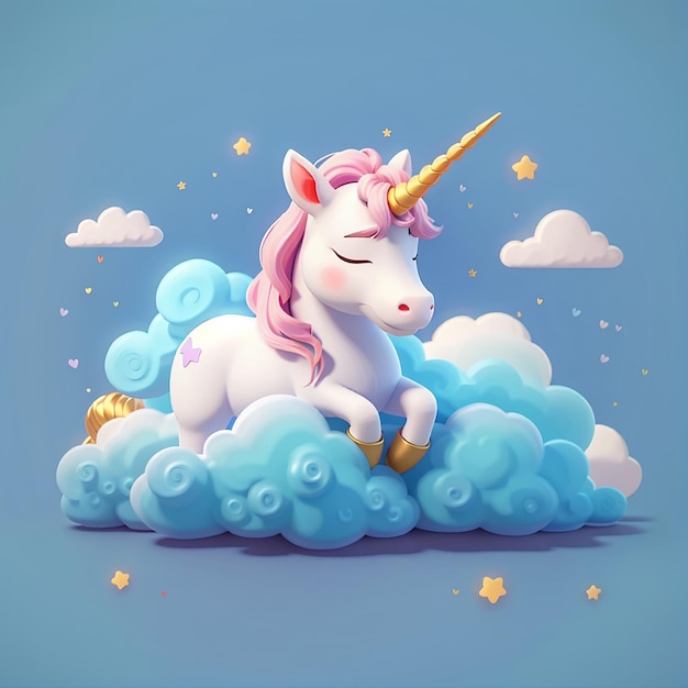 Photo cute unicorn sleeping on cloud cartoon animal nature illustration