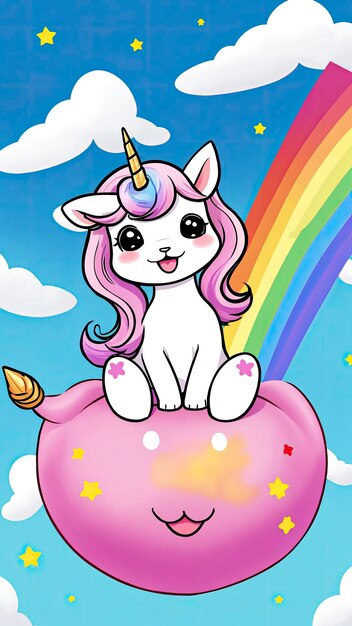 A Cute Unicorn Soaring Beneath a Rainbow Sky