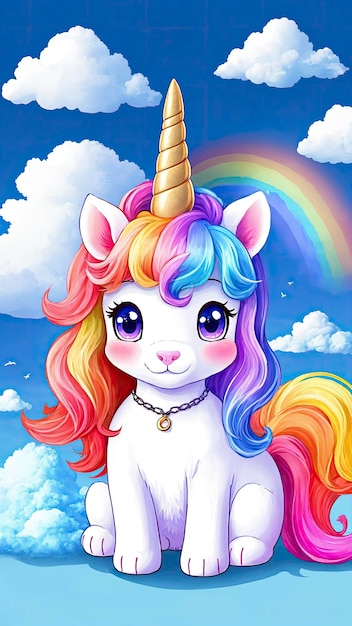 A cute unicorn soaring beneath a rainbow sky