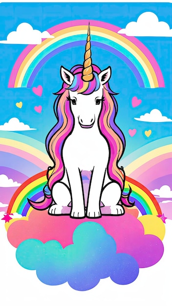 A cute unicorn soaring beneath a rainbow sky