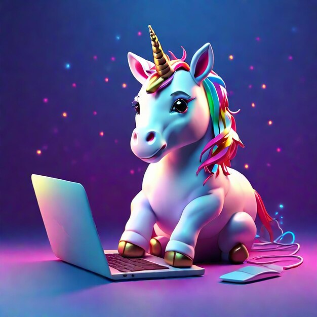 Photo a cute unicorn using a laptop background generated by ai