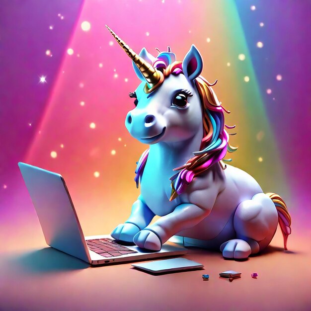 A cute unicorn using a laptop background generated by ai