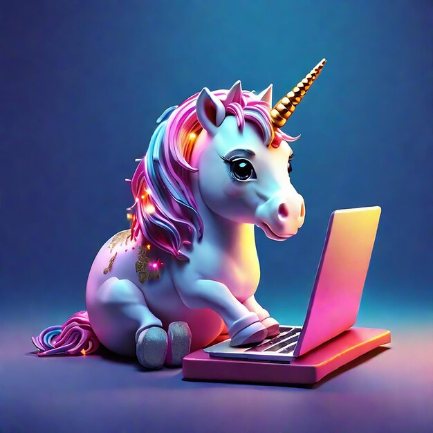 Photo a cute unicorn using a laptop background generated by ai