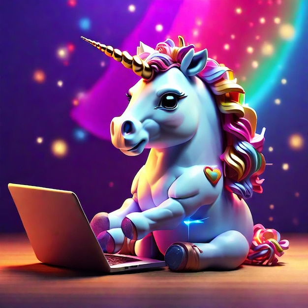 A cute unicorn using a laptop background generated by ai