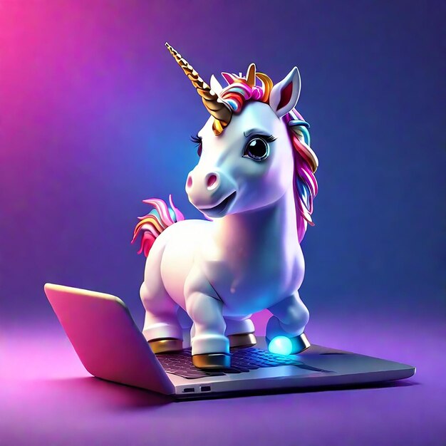 A cute unicorn using a laptop background generated by ai