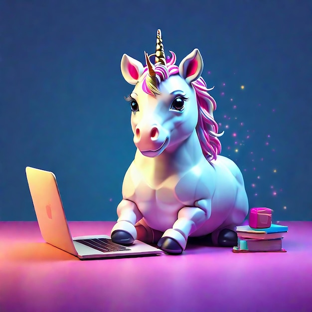 A cute unicorn using a laptop background generated by ai