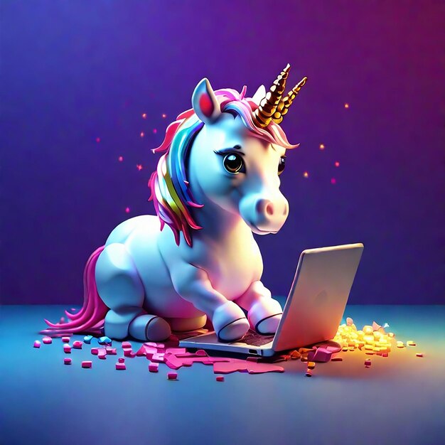 A cute unicorn using a laptop background generated by ai