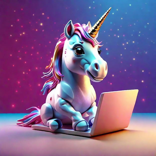 Photo a cute unicorn using a laptop background generated by ai