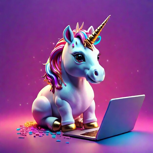 A cute unicorn using a laptop background generated by ai