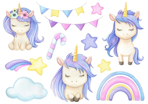 Photo cute unicorn watercolor clipart