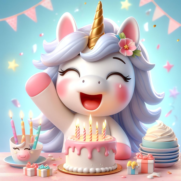 Cute unicorn with birthday cake cartoon 3D illustration background wallpaper cover book for kids