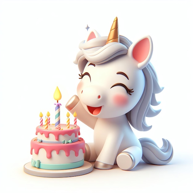 Cute unicorn with birthday cake cartoon 3D illustration background wallpaper cover book for kids