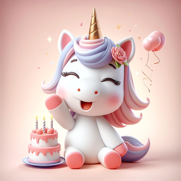 Cute unicorn with birthday cake cartoon 3D illustration background wallpaper cover book for kids