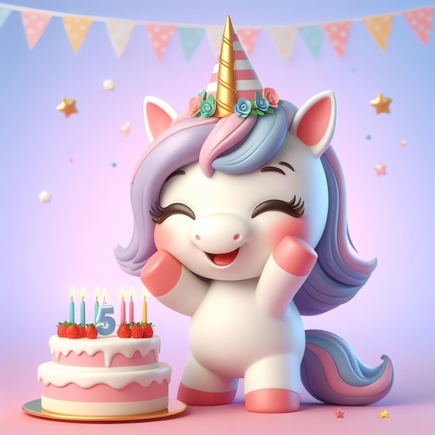 Carino unicorno con torta di compleanno cartone animato 3d illustrazione sfondo carta da parati copertina libro per bambini