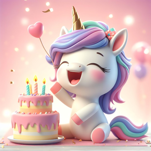 Foto carino unicorno con torta di compleanno cartone animato 3d illustrazione sfondo carta da parati copertina libro per bambini