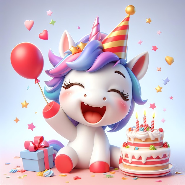 Cute unicorn with birthday cake cartoon 3D illustration background wallpaper cover book for kids