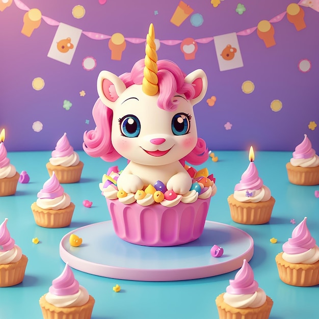 Photo cute unicorn with birthday cake cartoon vector icon illustration animal food icon concept isolated premium vector flat cartoon style