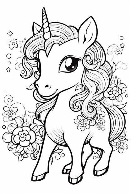 a cute unicorn with a long mane and flowers on the back generative ai