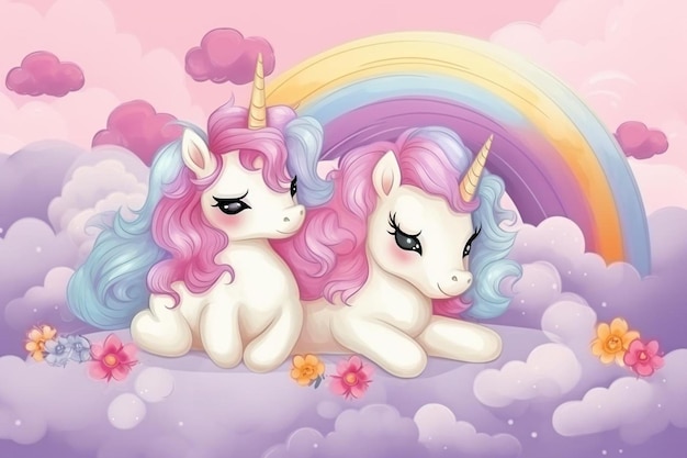 Photo cute unicorns lying on a cloud with rainbow