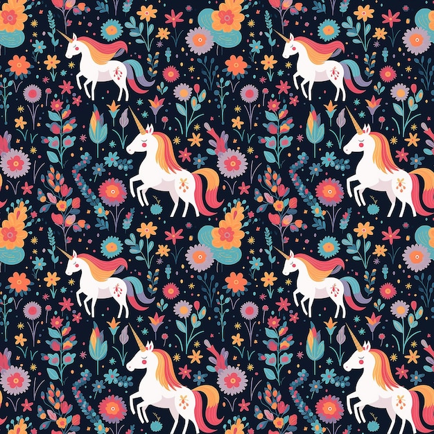 Photo cute unicorns naive art seamless pattern