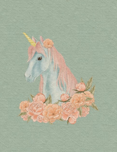 Cute unicorns with flowers  illustrated