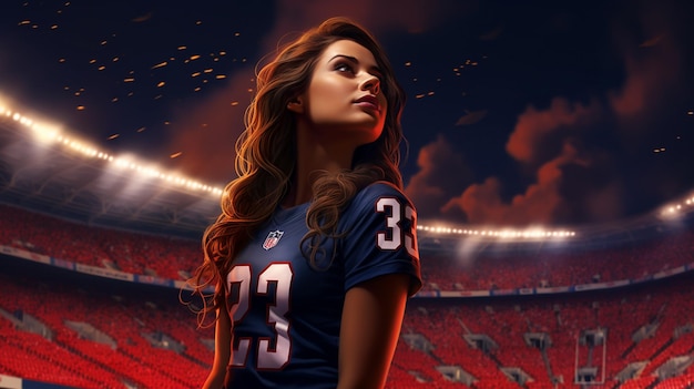 A cute US female football player wearing a jersey and looking up at the stadium