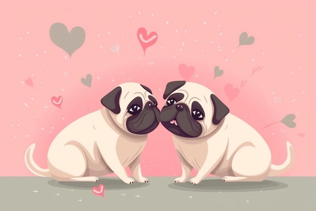 Cute valentines day card with cartoon pug dogs kissing characters generative ai