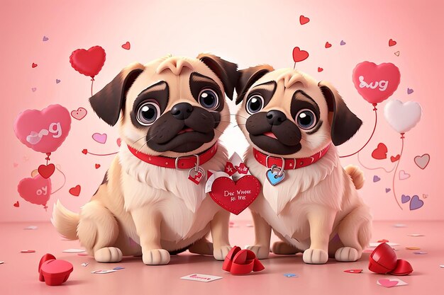 Cute valentines day card with cartoon pug dogs kissing characters