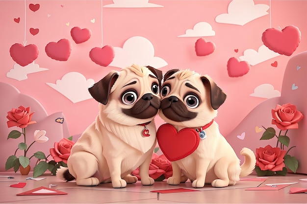 Cute valentines day card with cartoon pug dogs kissing characters