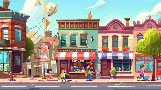 Cute vector cartoon city street corner with colorful buildings and a smiling traffic light