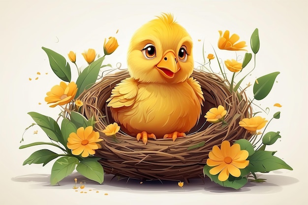 Cute vector yellow chick in a spring blooming nest of twigs and flowers on a solid background Spring card spring time Easter AI generated