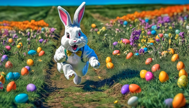 A cute and very cheerful Easter bunny runs along a green lawn surrounded by Easter eggs and sweets