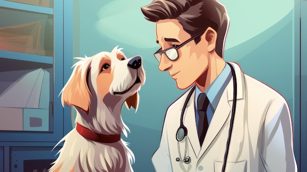 Cute veterinarian examining a dog in the clinic for diseases Pet care and grooming concept