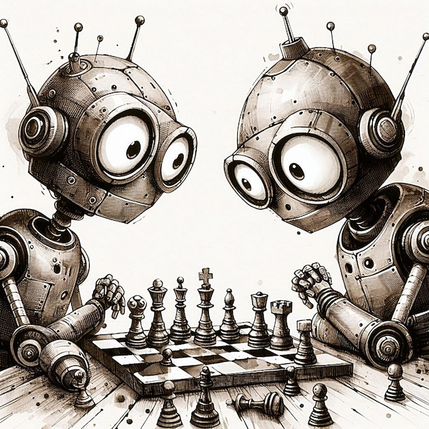 милые старинные роботы играют в шахматы