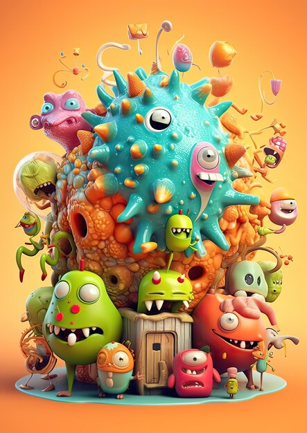 Cute viruses and bacteria in a cartoon style