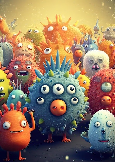 Photo cute viruses and bacteria in a cartoon style