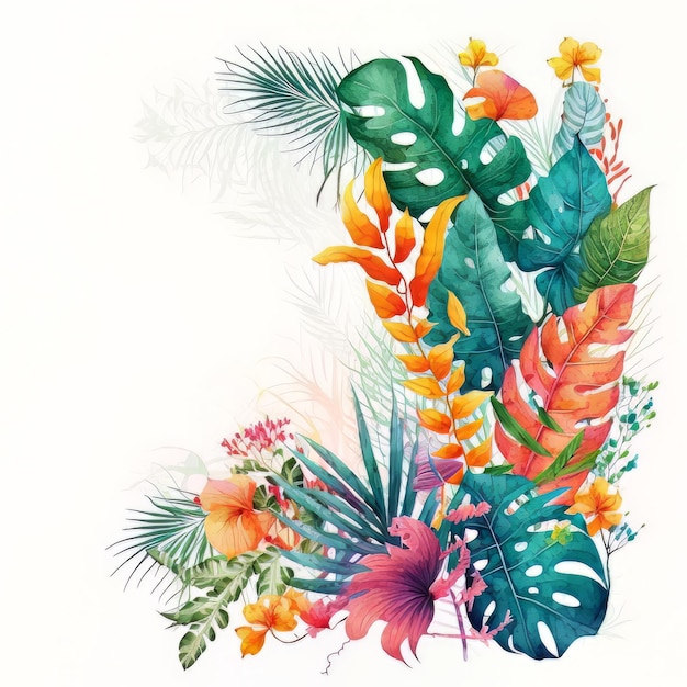 熱帯植物と鮮やかな色がかわいい水彩ボーダー イラスト AIジェネレーティブ