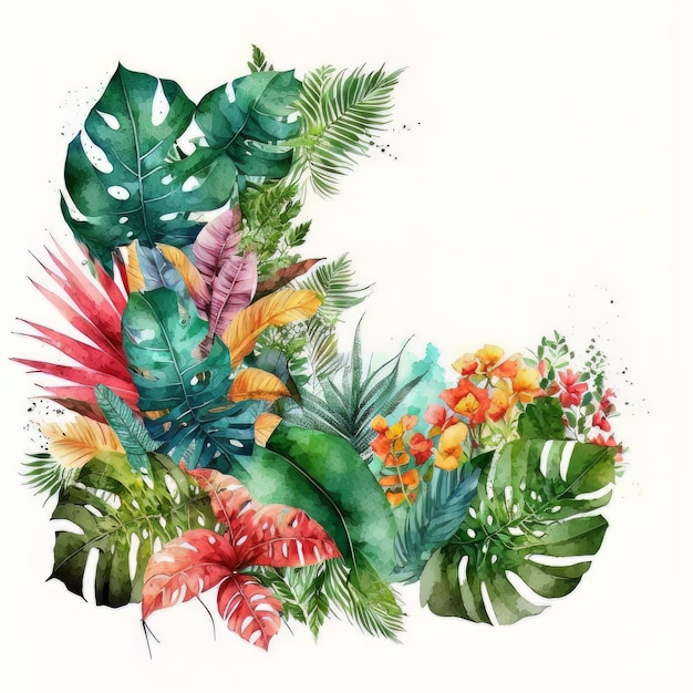 Cute vivid colors watercolor border with tropical plants Illustration AI Generative