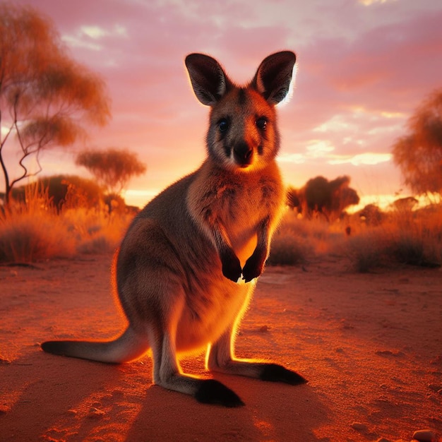 Photo cute wallaby standing in the outback sunset ai generate
