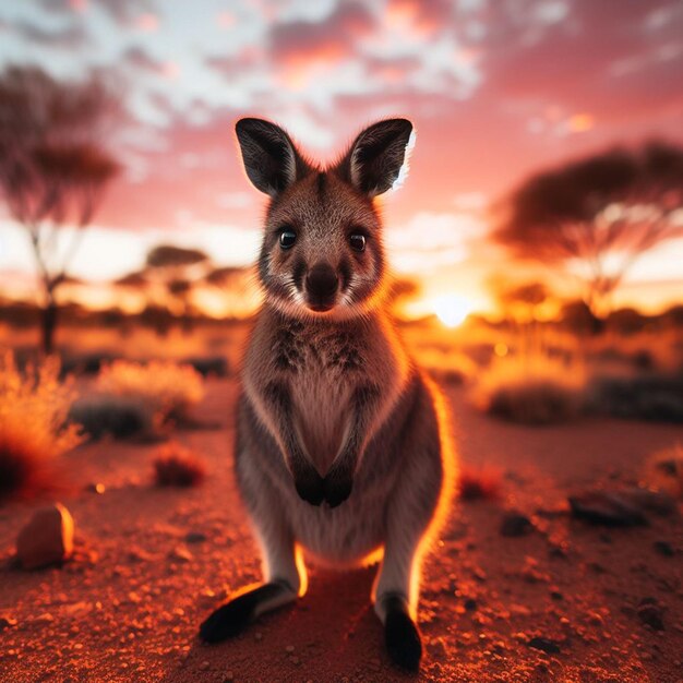 Photo cute wallaby standing in the outback sunset ai generate