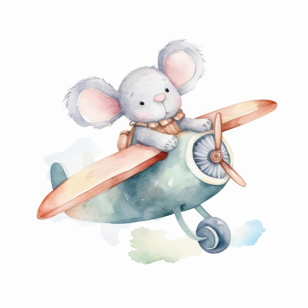 Cute watercolor animal in airplane Illustration AI Generative