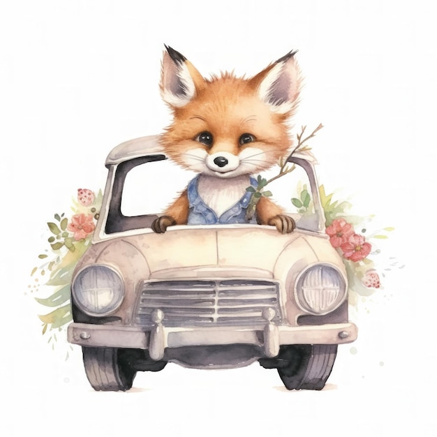 Cute watercolor baby animal in car Illustration AI GenerativexA