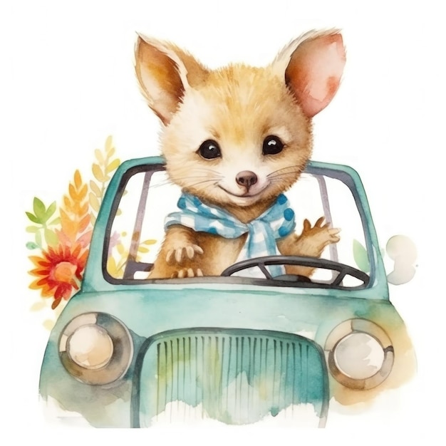 Cute watercolor baby animal in car Illustration AI GenerativexA