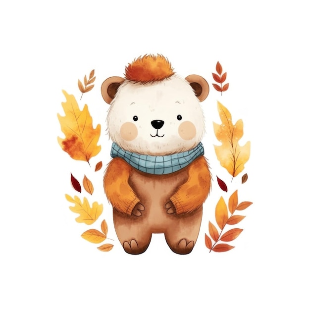 Cute watercolor baby autumn bear isolated illustration ai generativexa