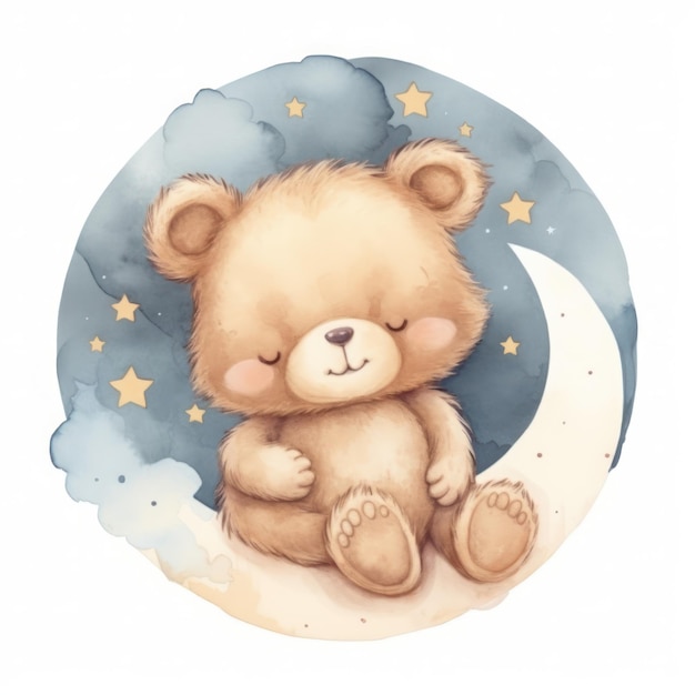 Милый акварельный малыш спокойной ночи медведь на луне Иллюстрация Generative AIxD