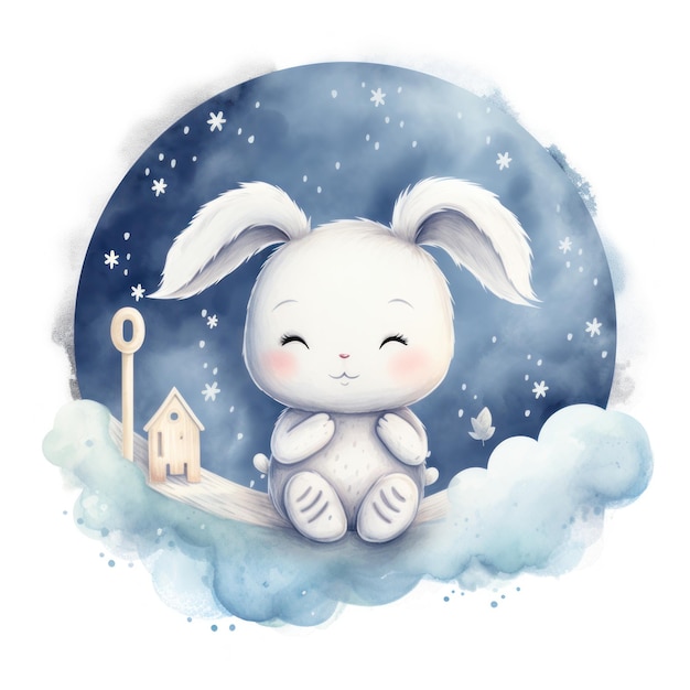 Милый акварельный малыш, спокойной ночи, кролик на луне Иллюстрация AI GenerativexD