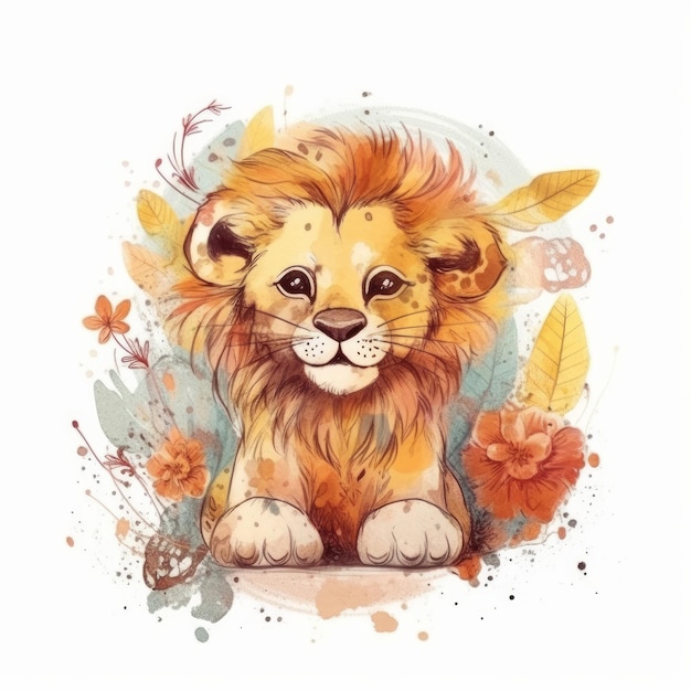 Cute watercolor baby lion Illustration AI GenerativexD